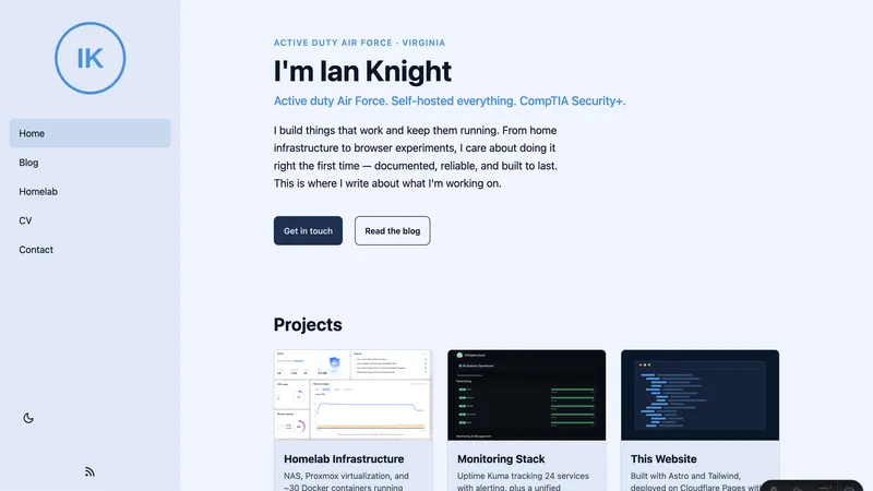 Homepage before the redesign: sidebar navigation, light theme, flat project cards