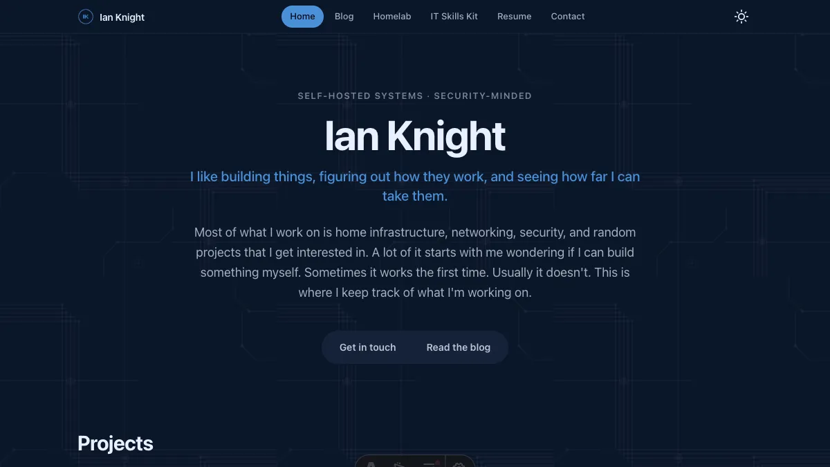 Homepage after the redesign: top navigation, dark theme, circuit-trace background
